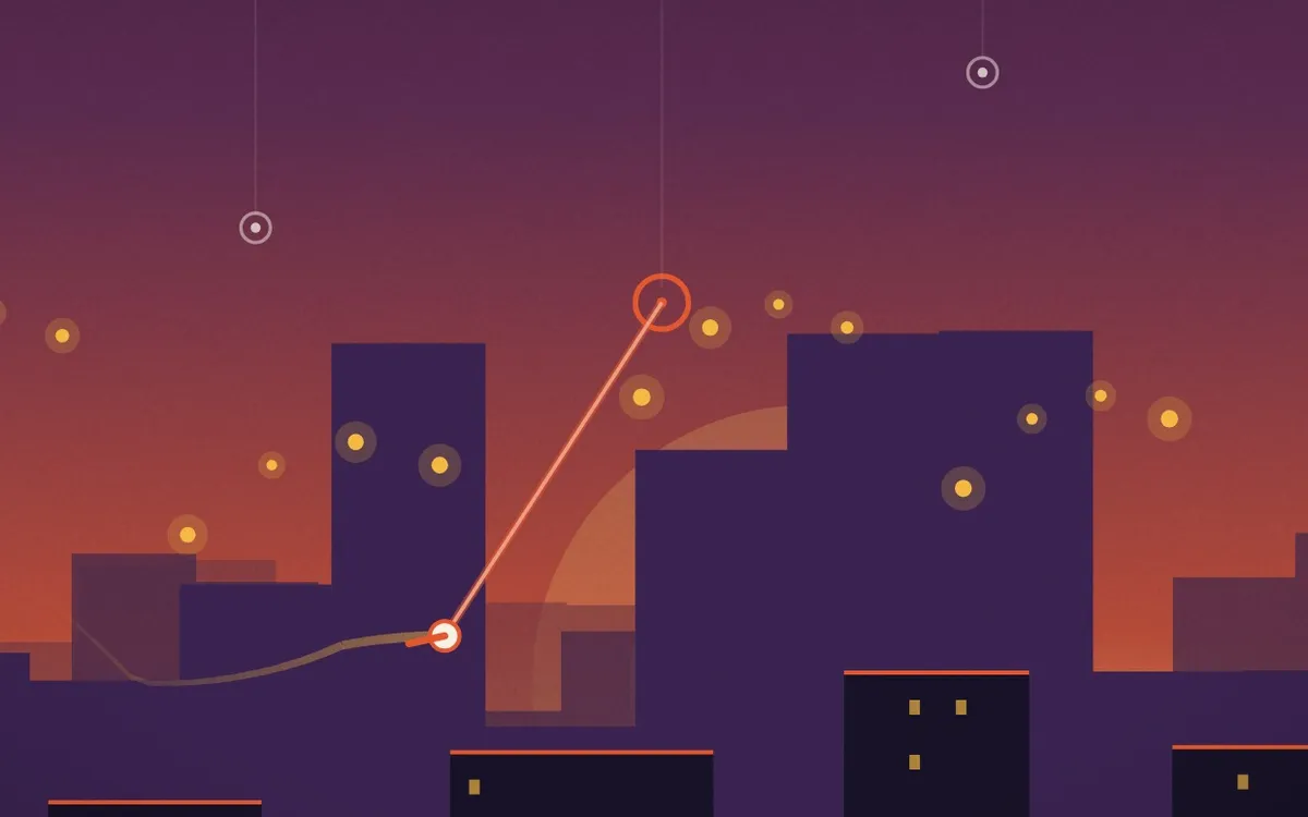 Skyhook Daily mid-swing: a small figure hooked to a beacon above a purple dusk skyline with glowing sparks
