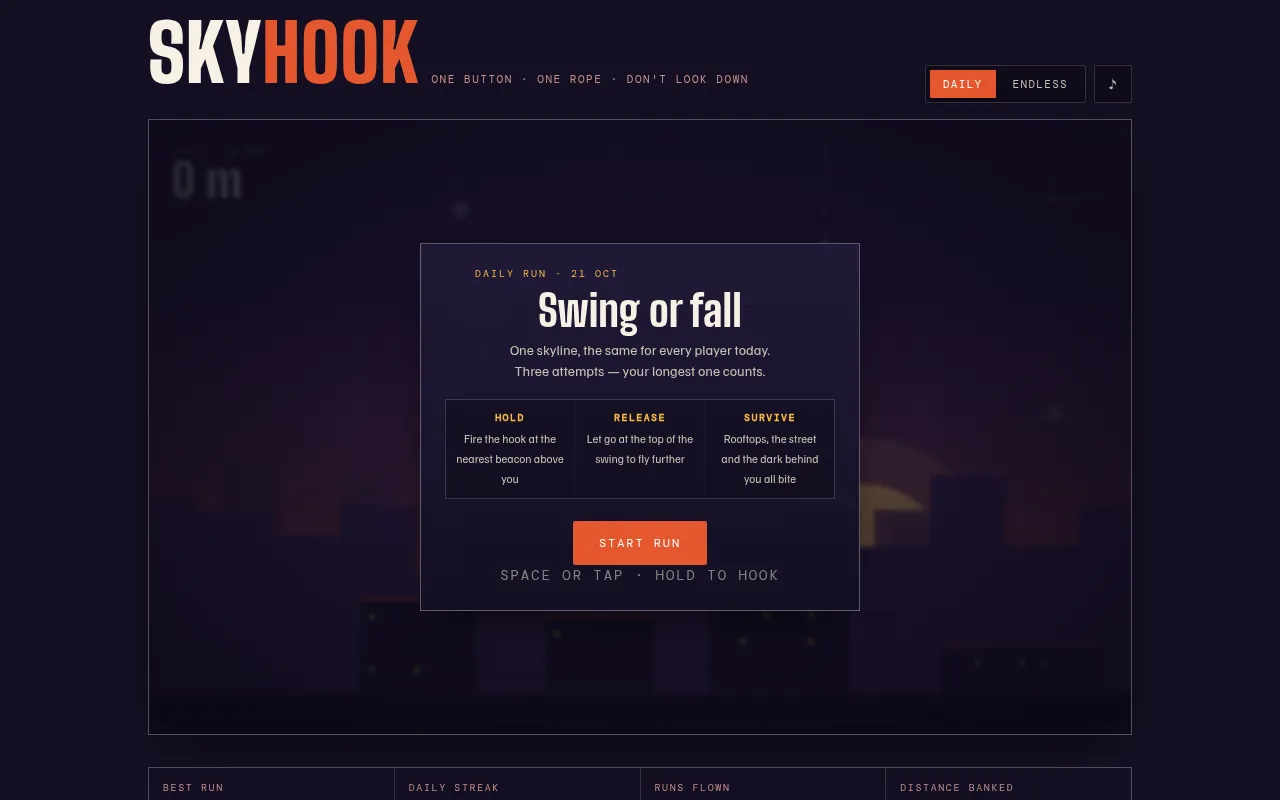 Skyhook Daily on a desktop browser with the Daily run card for 21 October over the skyline: Swing or fall, three attempts, Start run