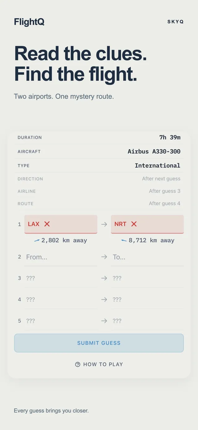 A SkyQ round: duration 7h 39m, Airbus A330-300, international, with a first guess of LAX to NRT marked wrong and the distances to the real airports