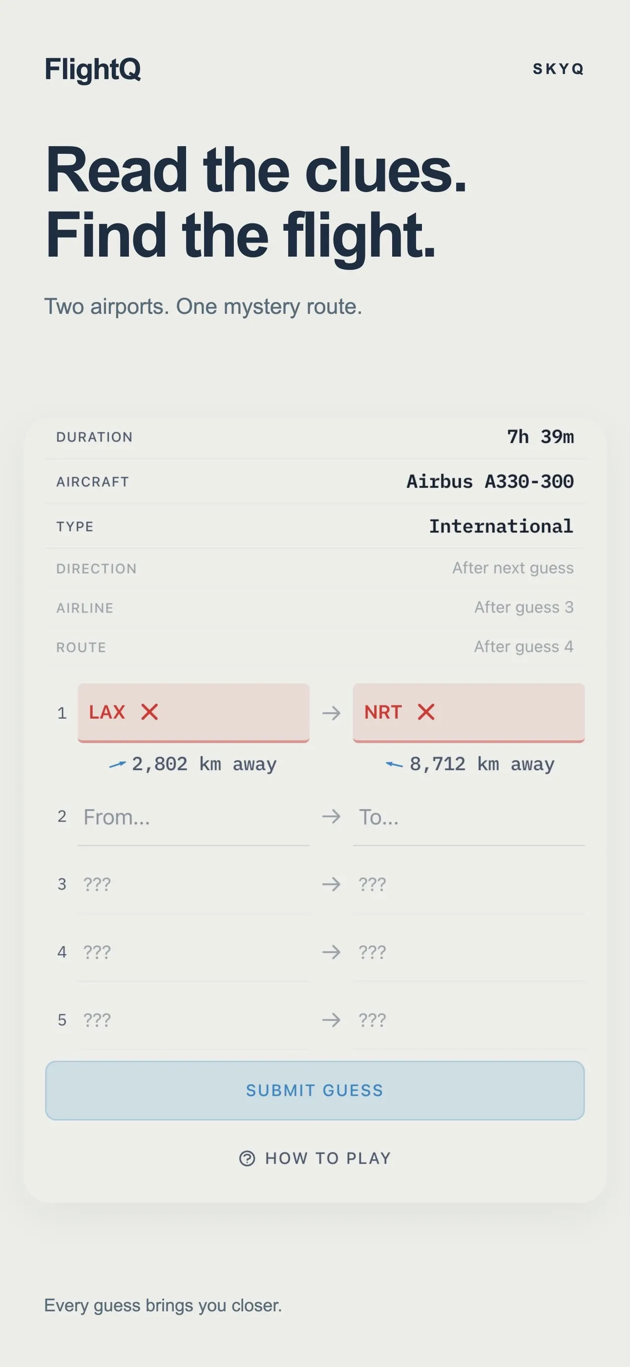 A SkyQ round: duration 7h 39m, Airbus A330-300, international, with a first guess of LAX to NRT marked wrong and the distances to the real airports
