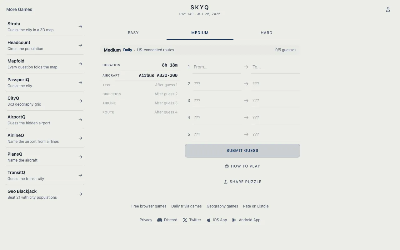 FlightQ's own screenshot of a SkyQ Medium board: an 8h 18m Airbus A330-200 flight with five empty From and To rows