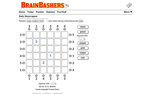 BrainBashers Skyscrapers for 22 October 2026, 6x6 Medium: an empty grid with three given digits, arrow clues on all four sides and check, pencil and answer buttons
