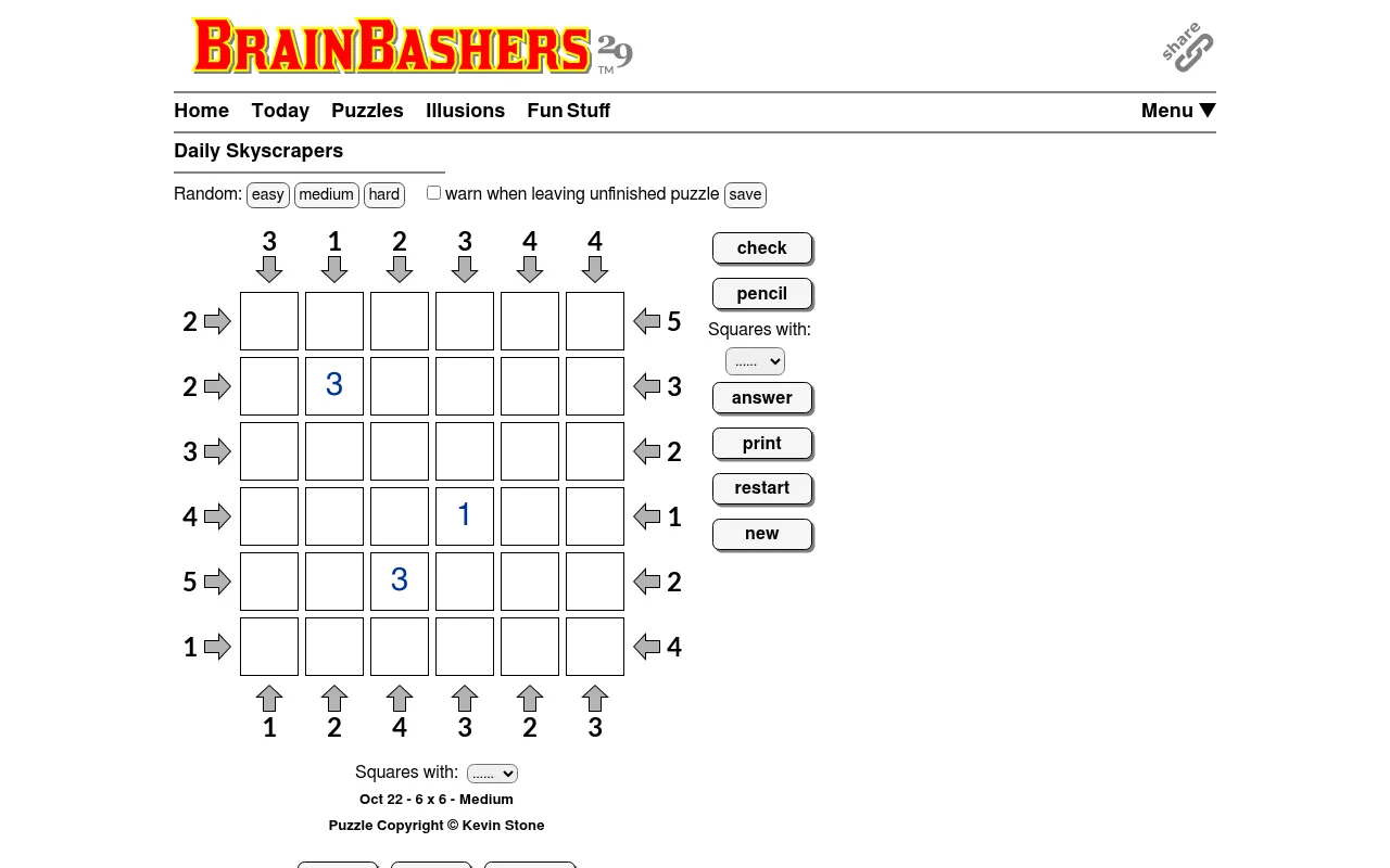 BrainBashers Skyscrapers for 22 October 2026, 6x6 Medium: an empty grid with three given digits, arrow clues on all four sides and check, pencil and answer buttons
