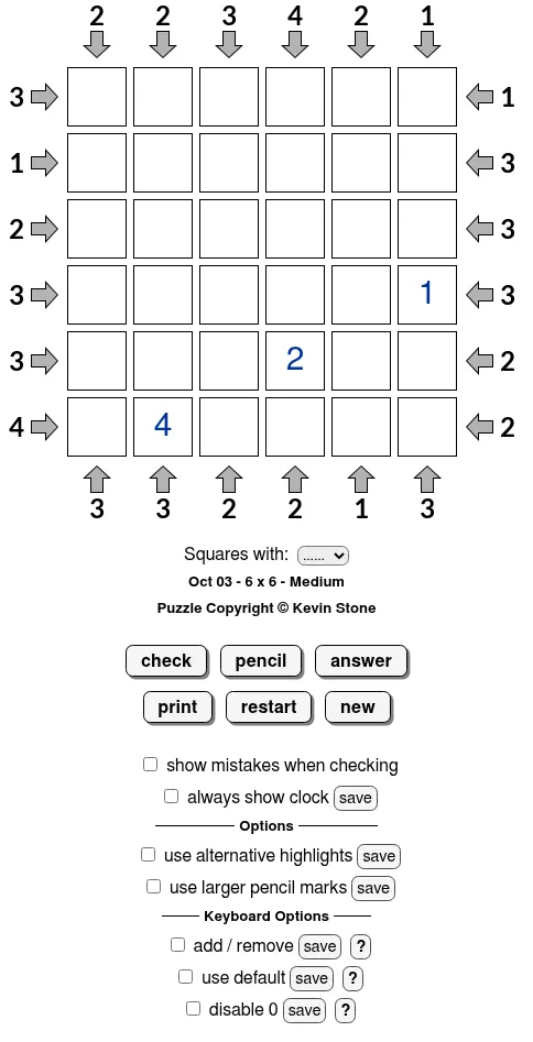 BrainBashers Skyscrapers for 3 October, 6x6 Medium: an empty grid with three given digits and arrow clues on all four sides