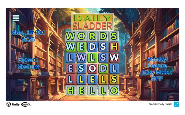 Daily Sladder board for Mon, 19 Oct 2026 in Hard mode: WORDS at the top, HELLO at the bottom, scrambled rungs between in green, blue, red and yellow tiles, over a library background