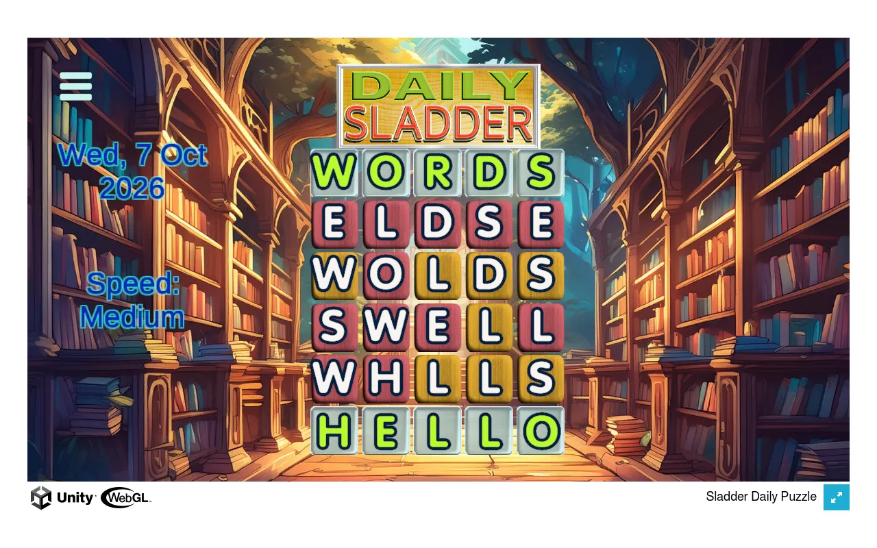 Daily Sladder board for Wed, 7 Oct 2026: a word ladder from WORDS to HELLO with the rungs between scrambled into ELDSE, WOLDS, SWELL and WHLLS, tiles coloured by place, over a library background