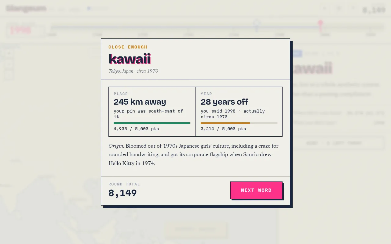 Slangeum result card for kawaii: Tokyo, circa 1970, a pin 245 km away and a year 28 off, points for each and a note on the word's origin