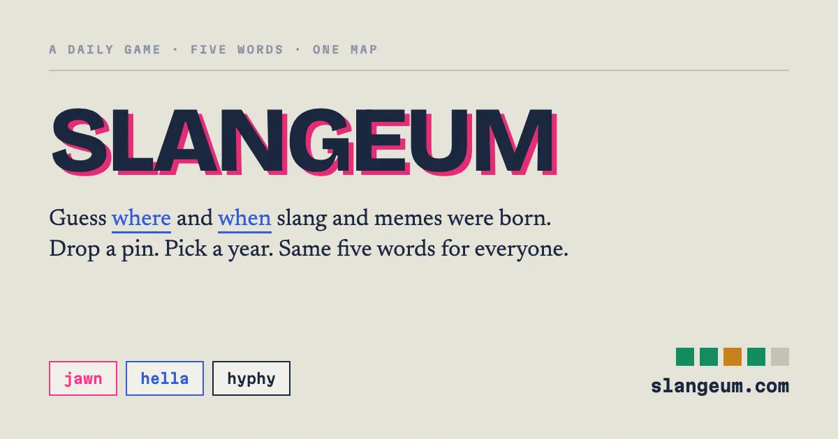 Slangeum share art: the title Slangeum, guess where and when slang and memes were born, with the words jawn, hella and hyphy