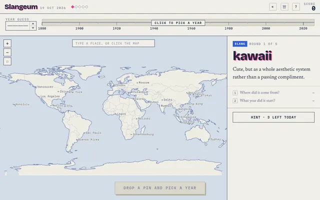 Slangeum for 19 Oct 2026, round 1 of 5: the slang word kawaii with its meaning, a world map to pin and a year rail from 1880 to 2020