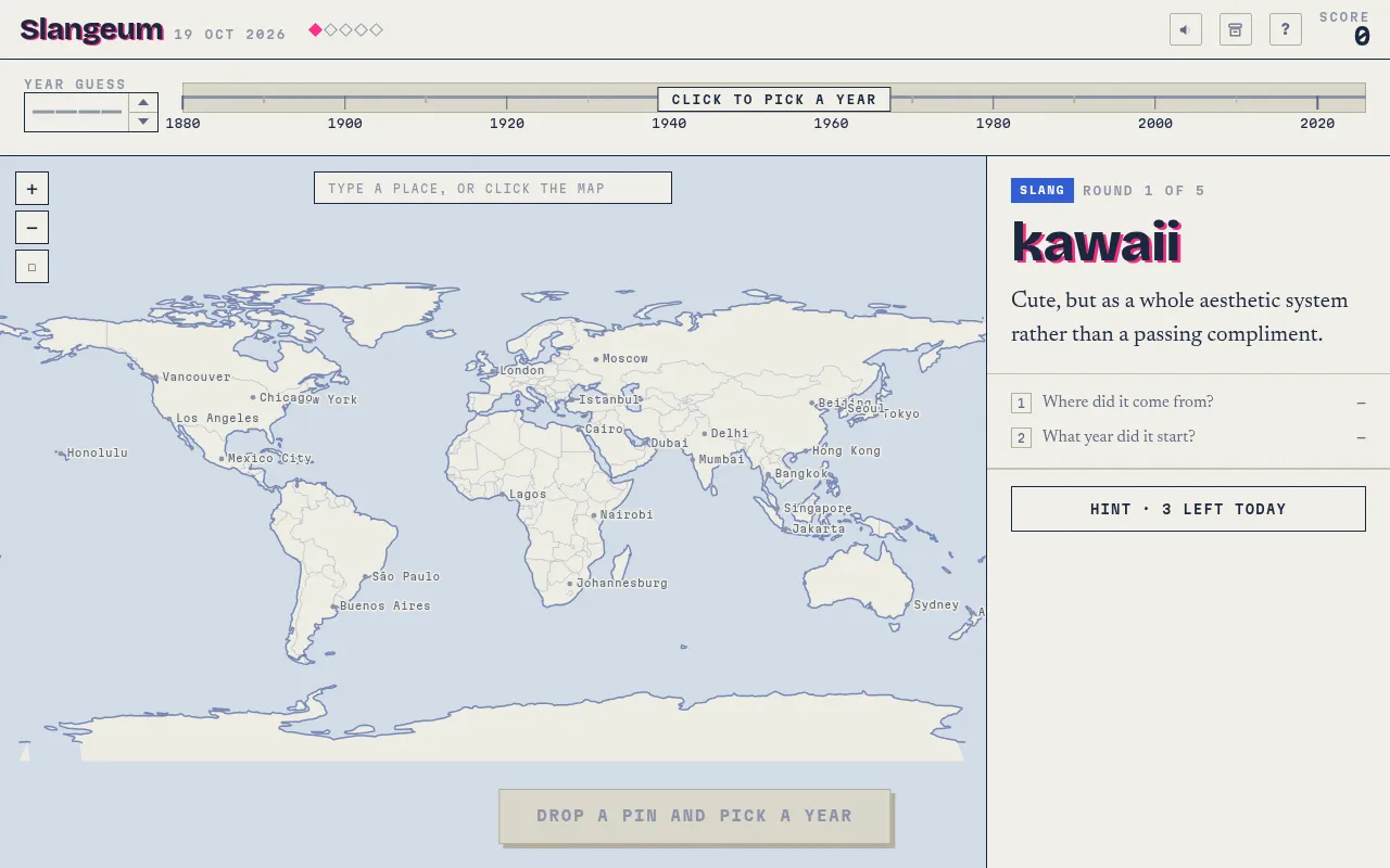 Slangeum for 19 Oct 2026, round 1 of 5: the slang word kawaii with its meaning, a world map to pin and a year rail from 1880 to 2020