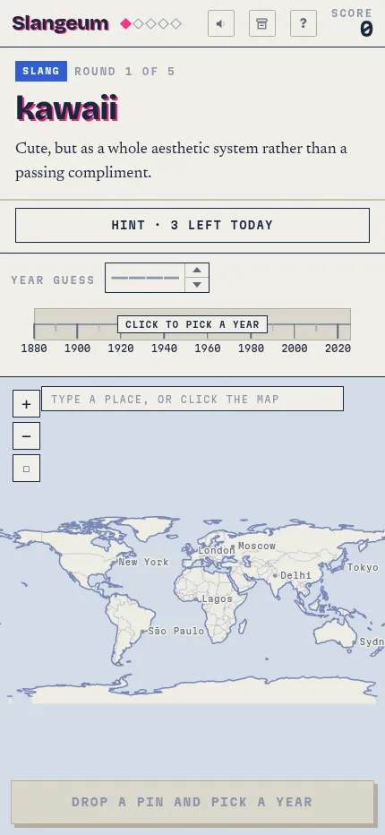 Slangeum at phone size: the word kawaii and its meaning above the hint button, the year rail and the world map