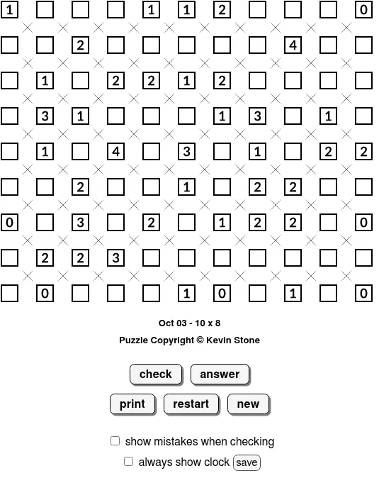 BrainBashers Slants for 3 October, 10x8: a lattice of small crosses with numbered corner clues from 0 to 4