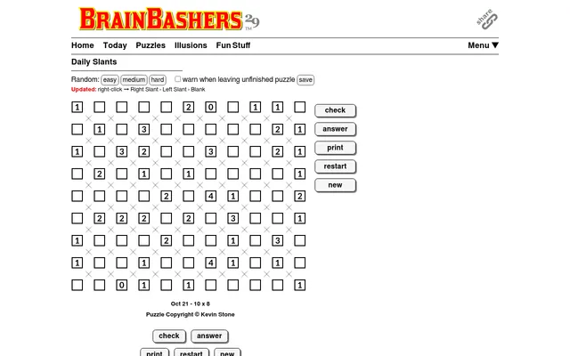 Today's BrainBashers Slants, 21 October 10x8: a grid of crosses with boxed corner clues from 0 to 4, beside the check, answer, print, restart and new buttons
