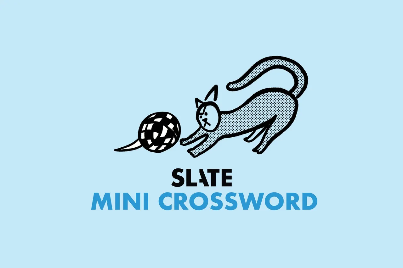 Slate Mini Crossword title art: a cat chasing a ball of crossword yarn