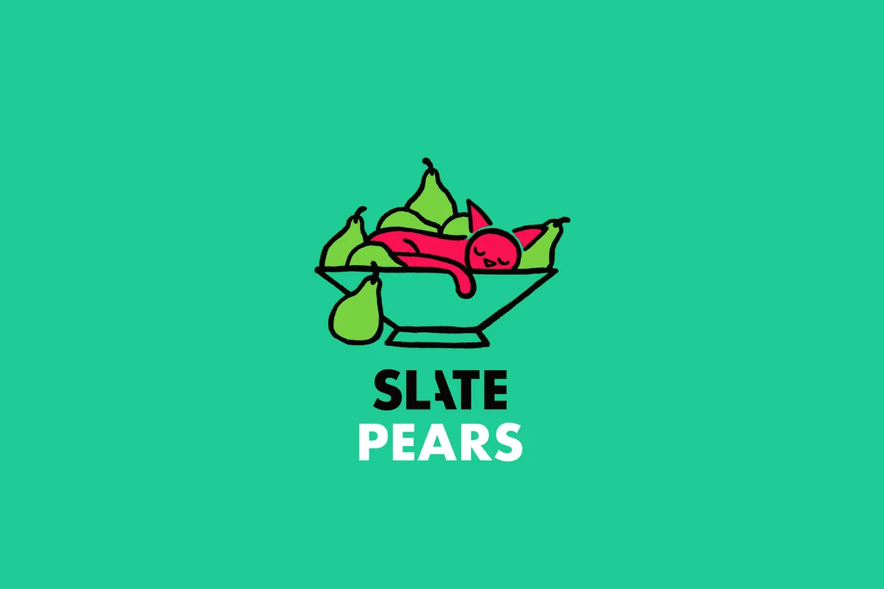 Slate Pears title art: a cat asleep in a bowl of pears