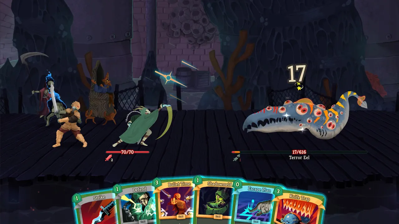 A co-op fight in Slay the Spire 2 against the Terror Eel, with a hand of cards along the bottom