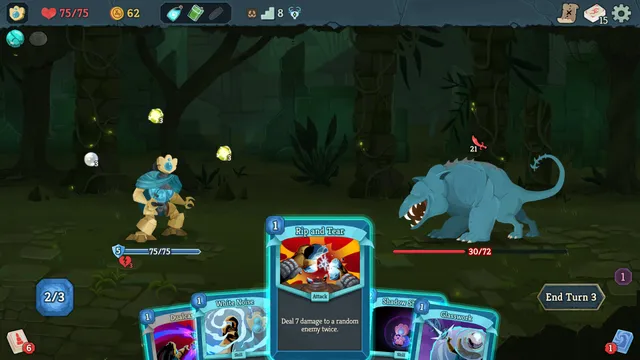 A Slay the Spire 2 fight in a jungle, with a hand of cards below the player and a blue beast