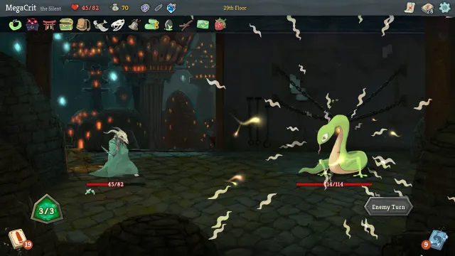A Slay the Spire combat on the 29th floor: the Silent faces a green snake enemy, with energy, draw pile and Enemy Turn indicators