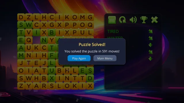 Slide Words: a 10x10 board of letter tiles with found words in green, a Puzzle Solved dialog reporting 591 moves, and the target list including TIRED and WINTER with direction arrows