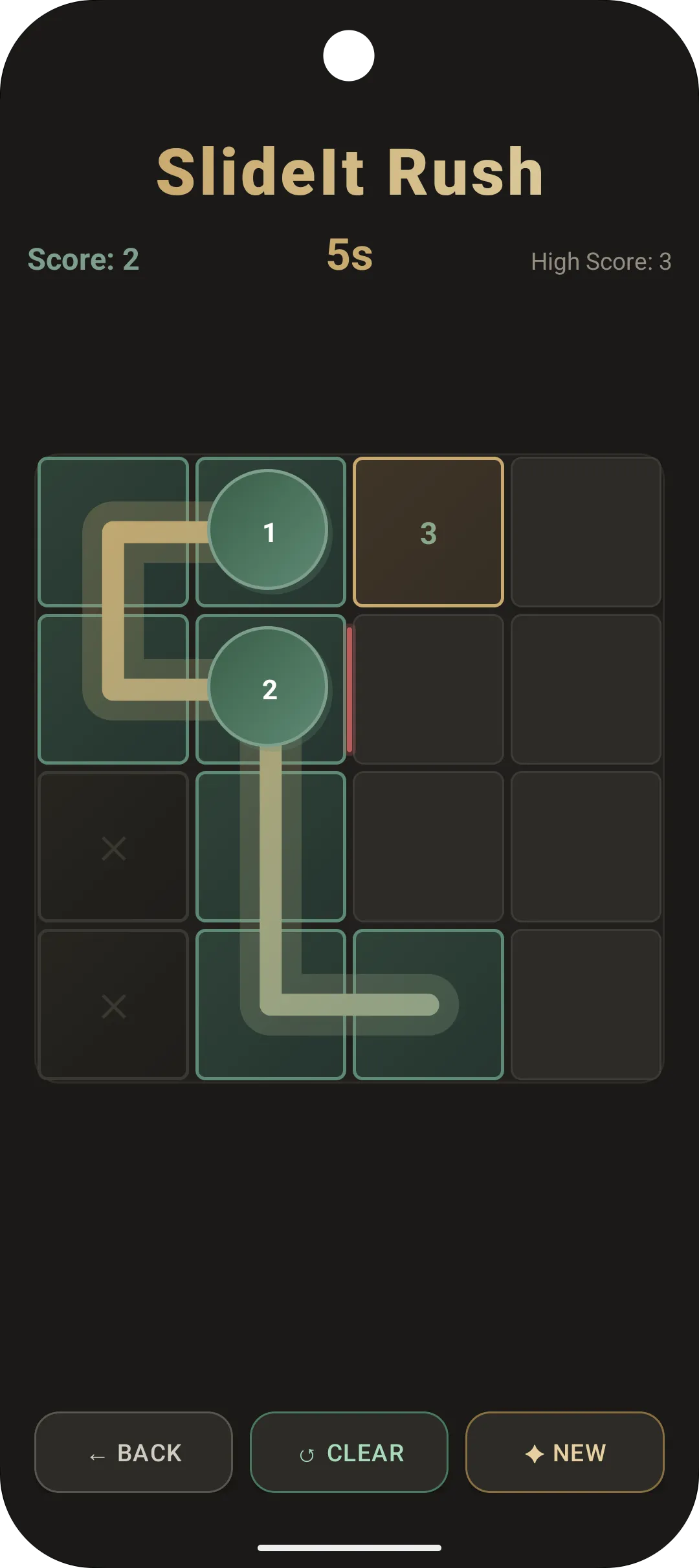 SlideIt Rush: a 4x4 grid part traced from 1 through 2, with the score and a five-second clock above