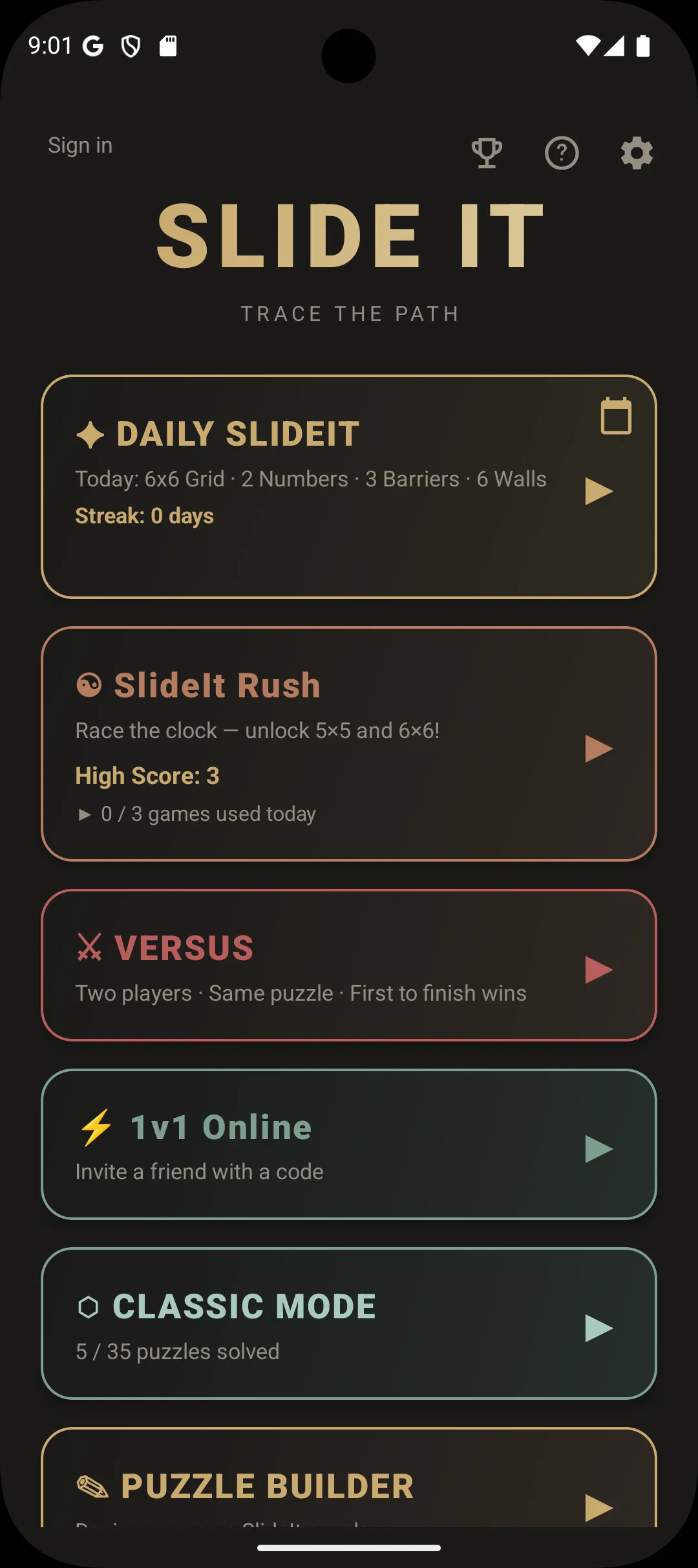 The SlideIt home screen with the Daily SlideIt card describing today's 6x6 grid and the streak, above Rush, Versus, 1v1 Online and Classic