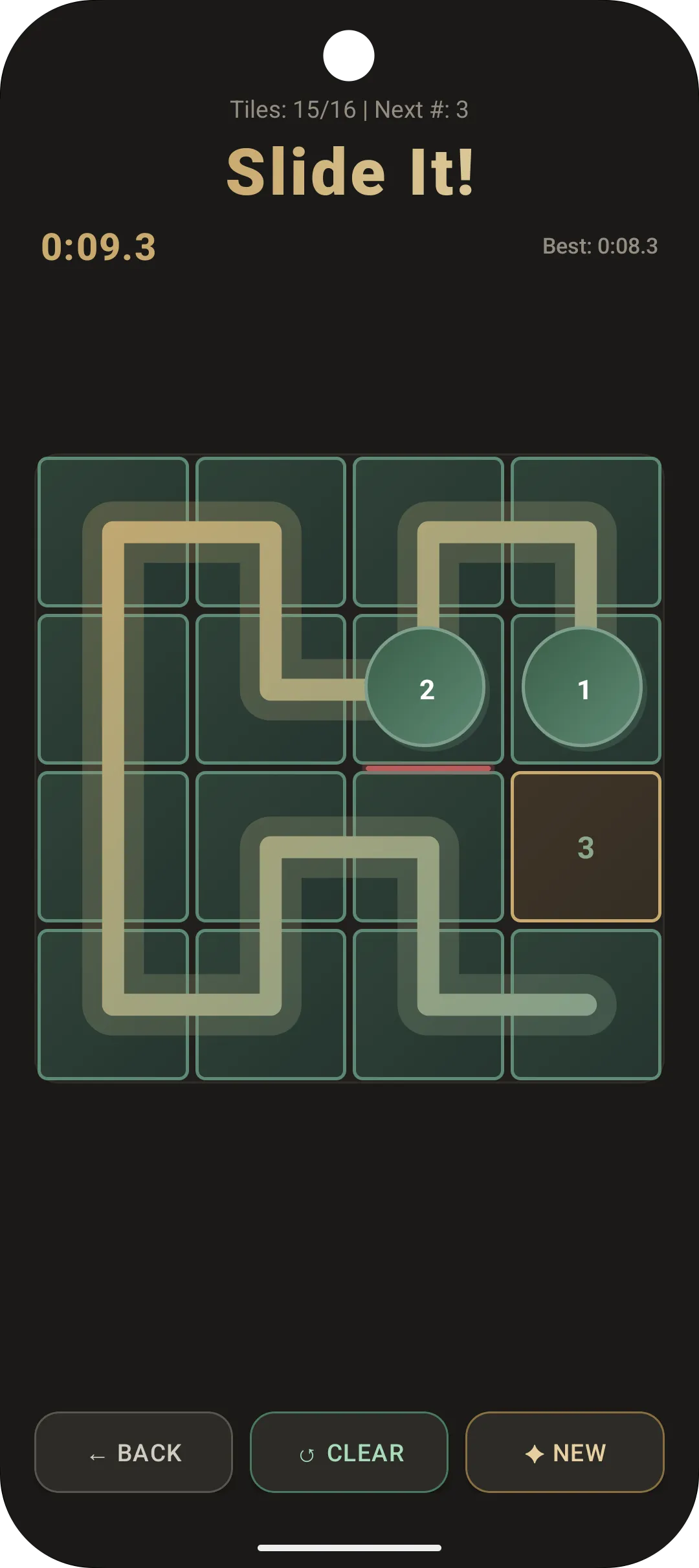 A SlideIt classic level nearly solved: one line winding through a 4x4 grid past checkpoints 1 and 2 toward 3, with a timer