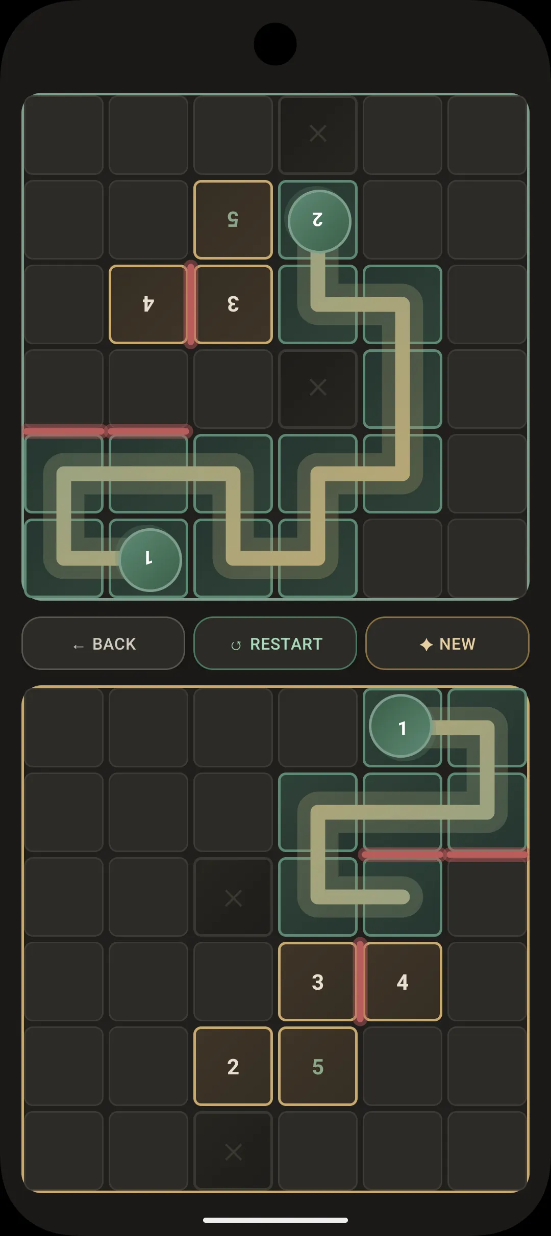 SlideIt local Versus: the same 6x6 puzzle twice on one phone, one board upside down for the second player