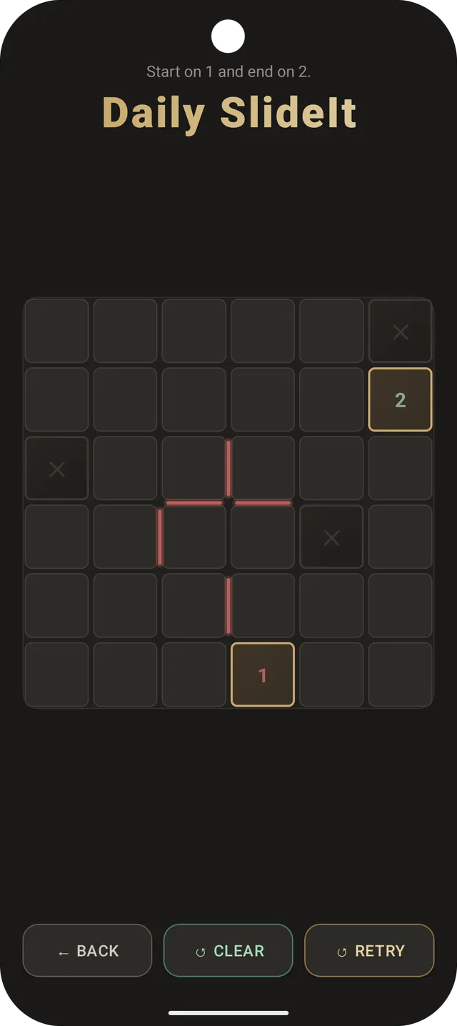 A Daily SlideIt board: a 6x6 grid with checkpoints 1 and 2, two crossed-out cells and red walls, under the hint Start on 1 and end on 2