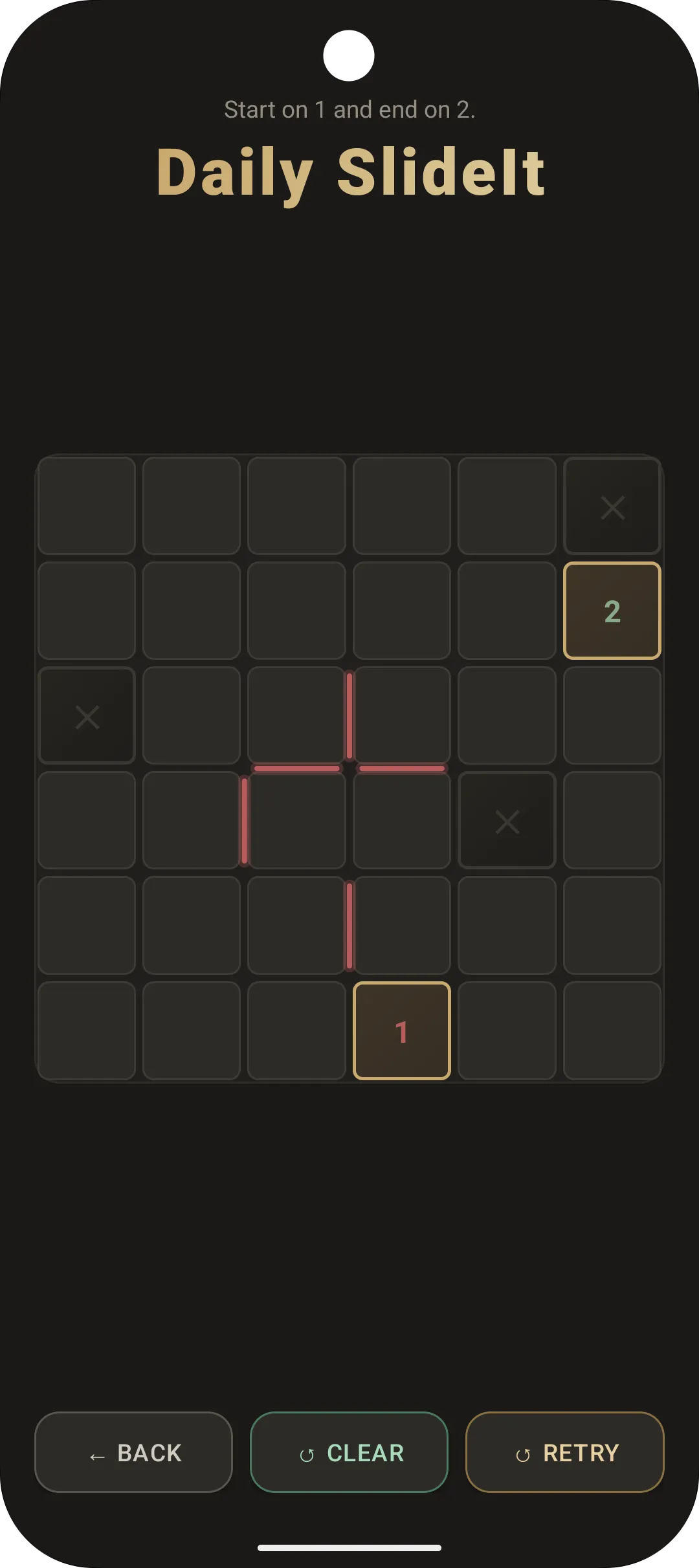 A Daily SlideIt board: a 6x6 grid with checkpoints 1 and 2, two crossed-out cells and red walls, under the hint Start on 1 and end on 2