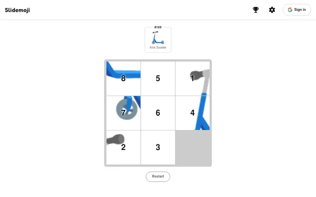 Slidemoji puzzle No. 169 on 19 October 2026: a scrambled 3x3 Kick Scooter emoji with numbered tiles and one gap, the target emoji shown above