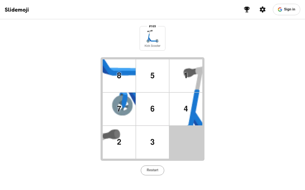 Slidemoji puzzle No. 169 on 19 October 2026: a scrambled 3x3 Kick Scooter emoji with numbered tiles and one gap, the target emoji shown above