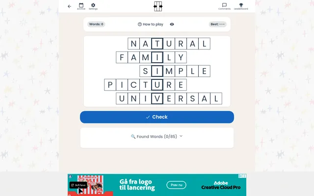 Slideways (original) puzzle: five stacked words NATURAL, FAMILY, SIMPLE, PICTURE and UNIVERSAL offset left and right, with the outlined column reading T, I, I, U, V, a Check button and Found Words 0/8