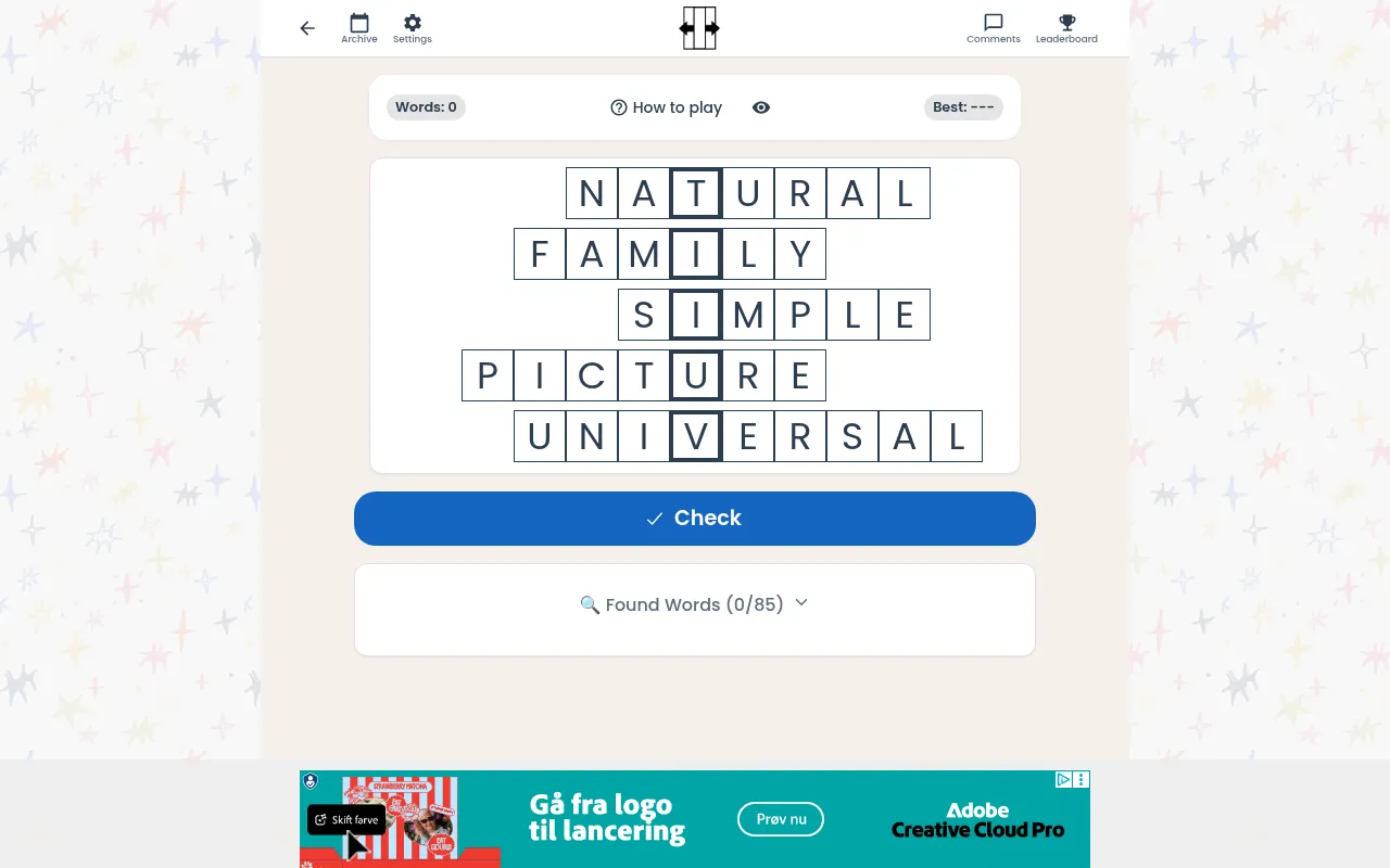 Slideways (original) puzzle: five stacked words NATURAL, FAMILY, SIMPLE, PICTURE and UNIVERSAL offset left and right, with the outlined column reading T, I, I, U, V, a Check button and Found Words 0/8