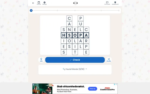 The Slideways board on a desktop: five vertical words with the highlighted middle row reading HSOPA, a Found Words (0/10) counter and a banner ad below