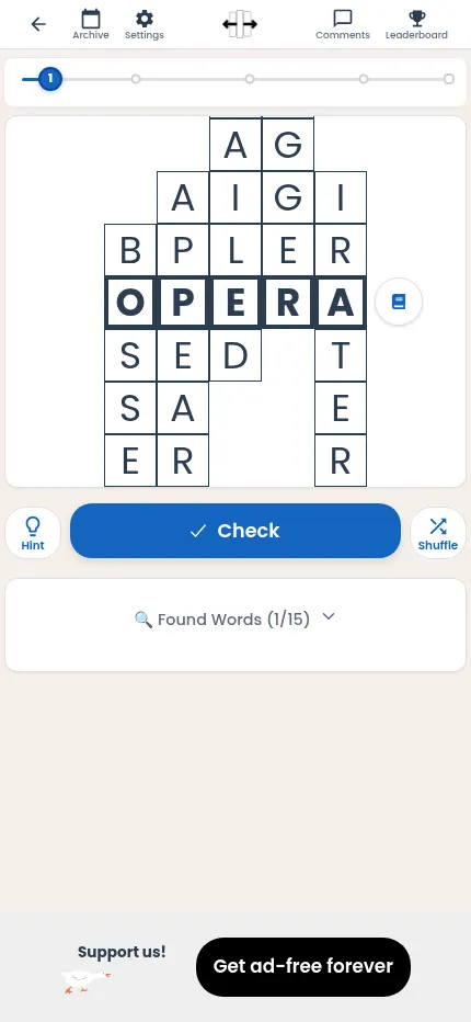 Slideways on a phone, 25 Oct 2026: the columns slid so the highlighted row spells OPERA, with Hint, Check and Shuffle under the board