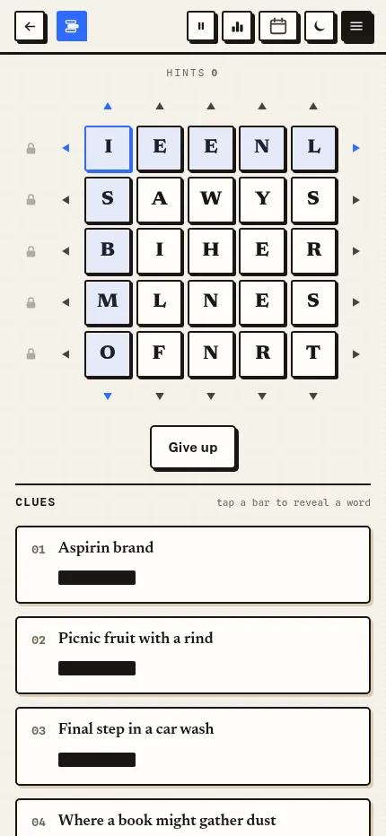 Slideword at phone width: the same day's 5x5 letter grid with row and column arrows, a Give up button and the clue list below