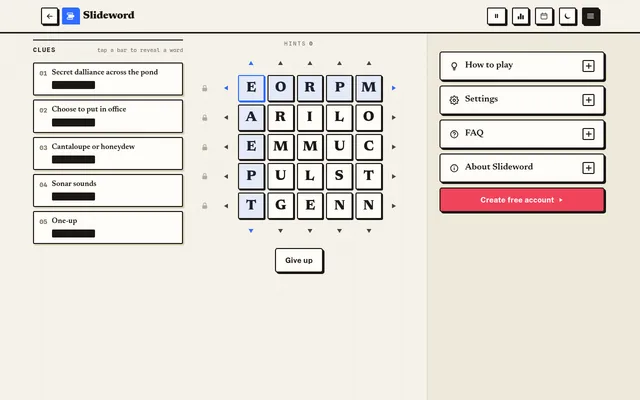 Slideword on Greatest Games: the day's scrambled 5x5 letter grid with arrows to slide each row and column, beside five clues such as Choose to put in office and Sonar sounds