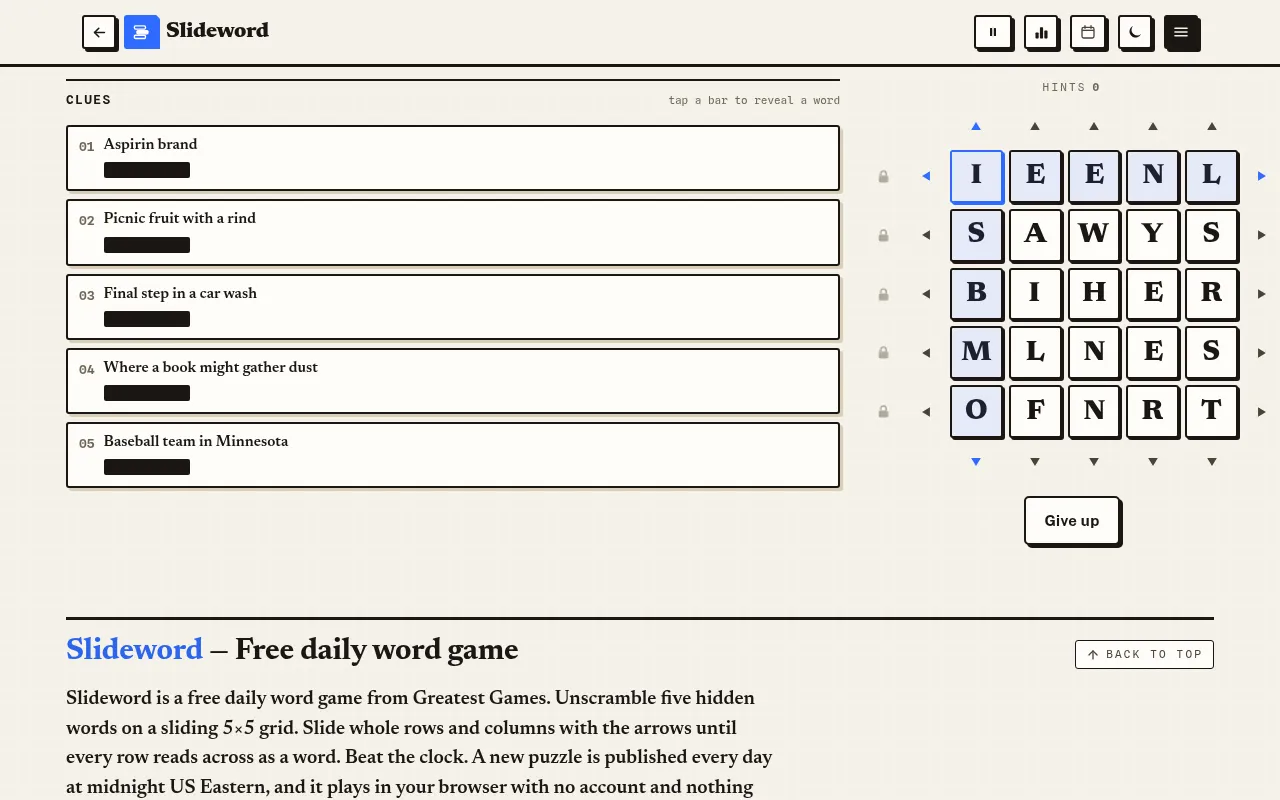 Slideword's board for 21 October 2026 at desktop width: a scrambled 5x5 letter grid with slide arrows on each row and column, beside five clues such as Aspirin brand