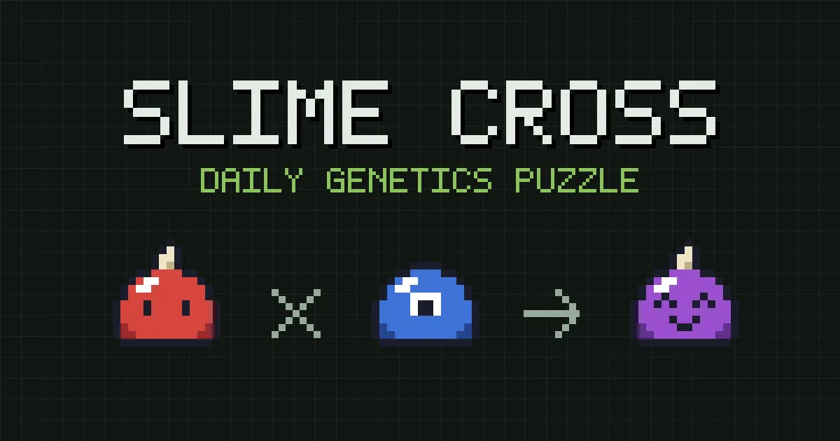 Slime Cross share image: a red horned slime crossed with a blue one-eyed slime hatches a purple slime, under the words Daily Genetics Puzzle