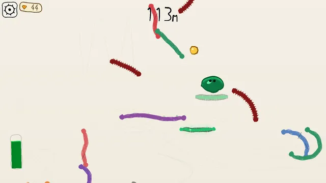 SLIMED at 113 metres: a green slime blob on a scribbled platform among coloured hand-drawn lines and red spiky hazards, with the ink tank at the side
