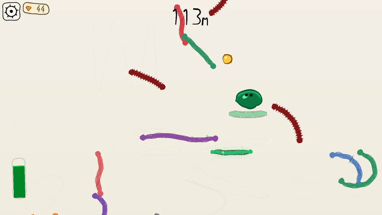 SLIMED at 113 metres: a green slime blob on a scribbled platform among coloured hand-drawn lines and red spiky hazards, with the ink tank at the side