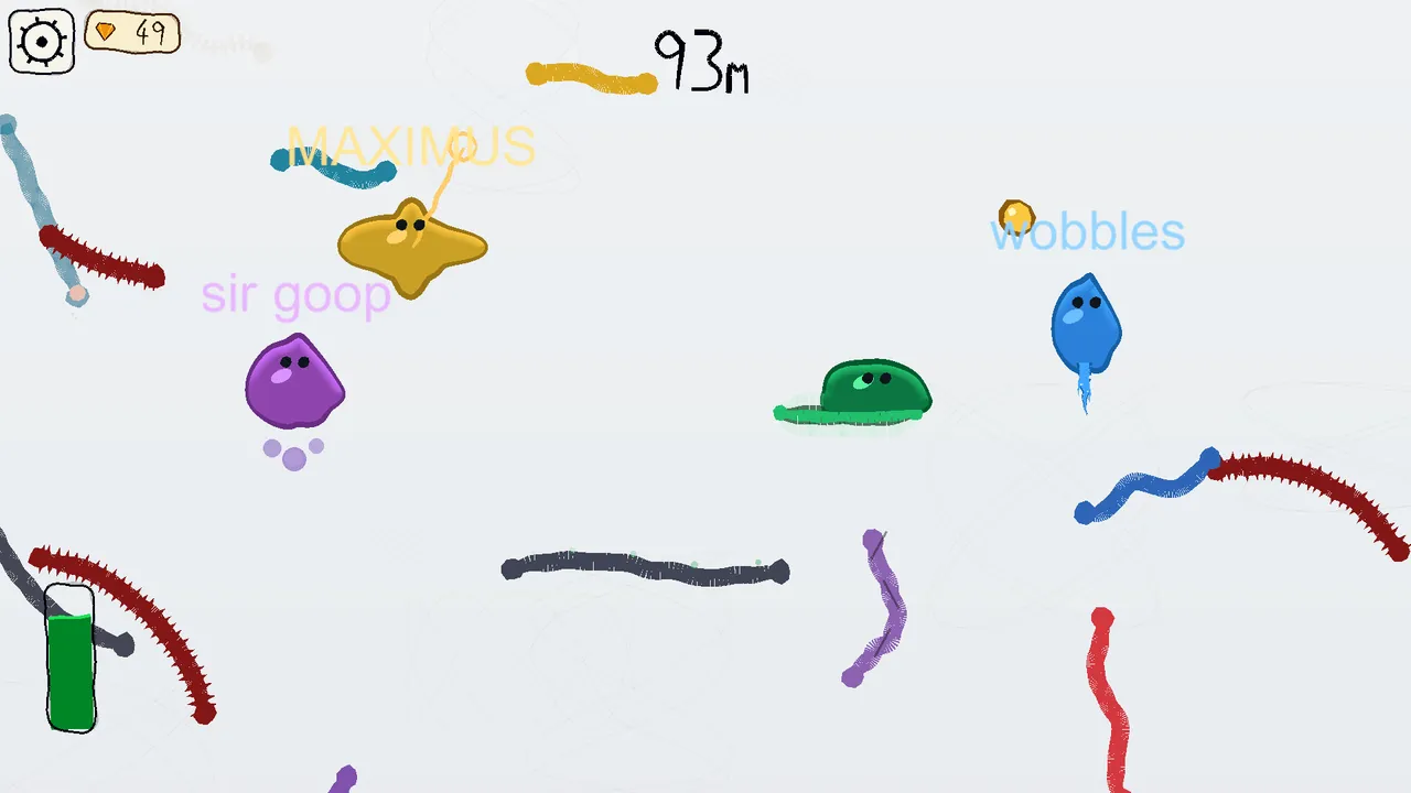A SLIMED race at 93 metres: four slimes named MAXIMUS, sir goop and wobbles climbing the same tower, one swinging on a rope and one on a rocket flame