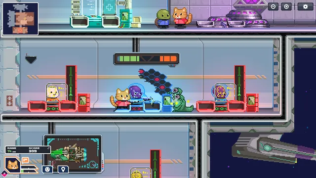 Slipstream: Rogue Space: cat and alien crew working stations inside the starship's rooms, with a rank and score panel in the corner