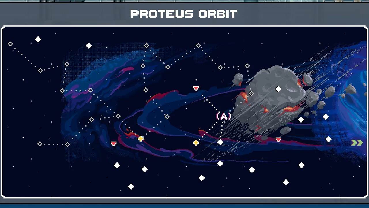 Slipstream: Rogue Space: the Proteus Orbit sector map, a route of dotted nodes around a cratered asteroid