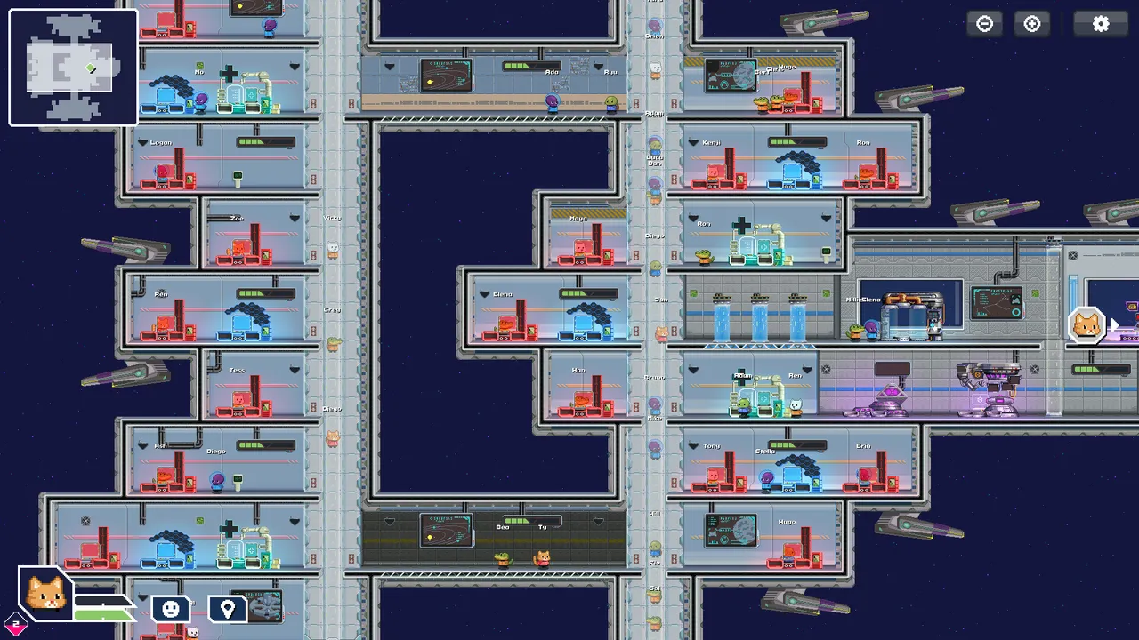 Slipstream: Rogue Space: a large ship seen from above, dozens of named crew members spread across its rooms and gun turrets
