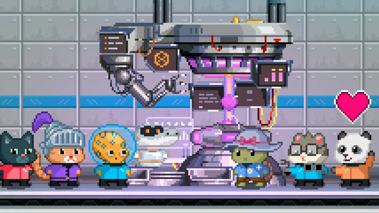Slipstream: Rogue Space: a line-up of pixel-art crew, a cat, knight, octopus, crocodile, hamster and panda, in the ship's lab