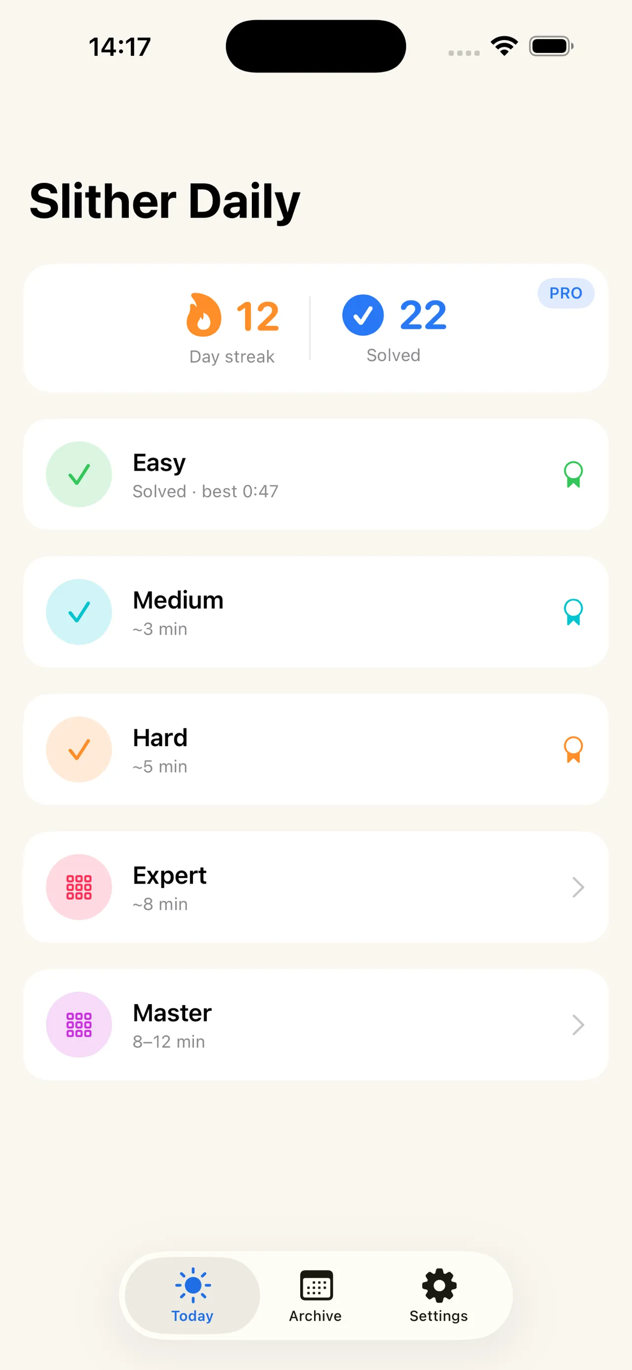 Slither Daily's Today screen listing the five daily puzzles from Easy to Master, with streak and solved counts
