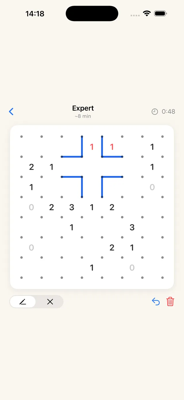 A Slither Daily Expert board: a dot grid with number clues and the first blue loop edges drawn