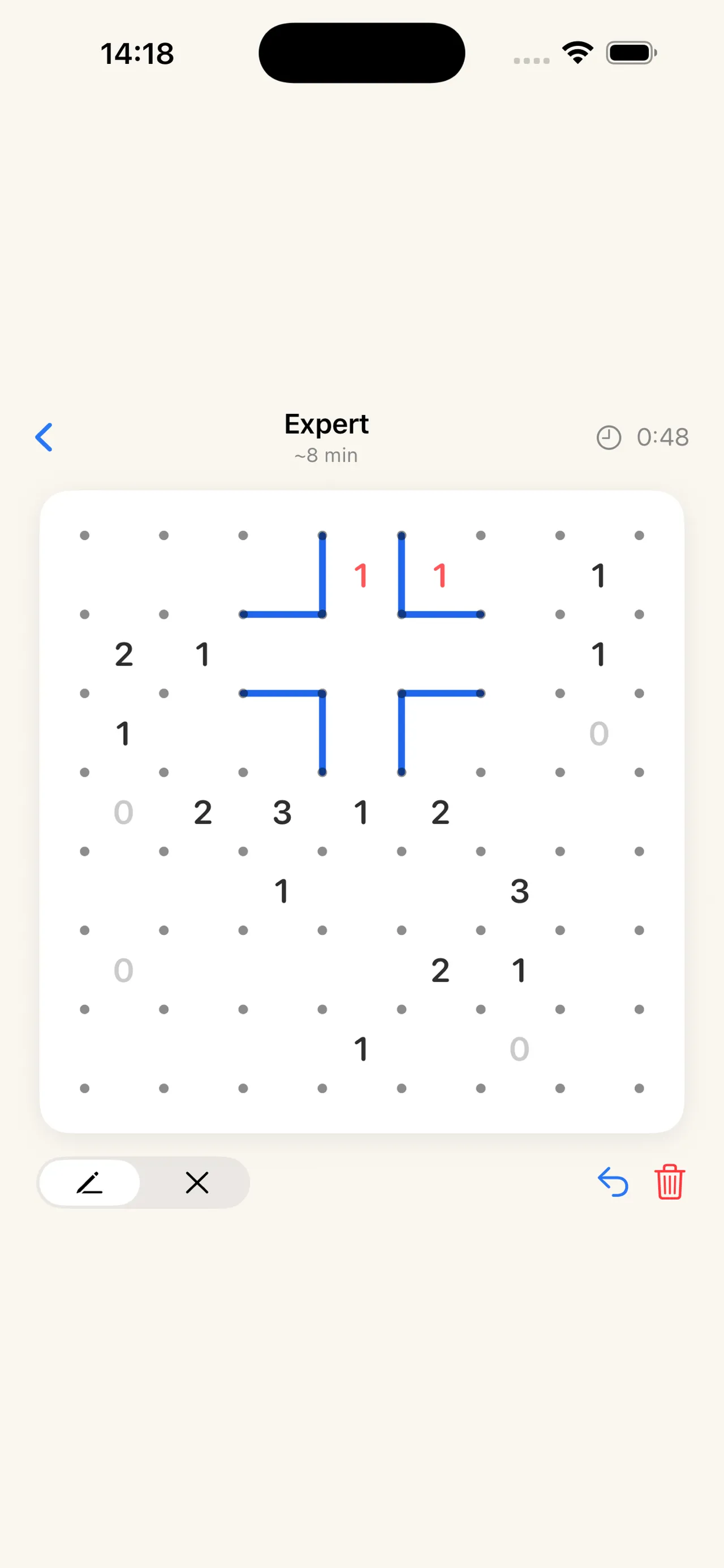 A Slither Daily Expert board: a dot grid with number clues and the first blue loop edges drawn