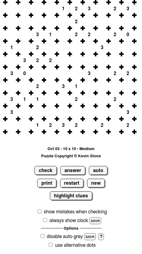 BrainBashers Slitherlink for 3 October, 10x10 Medium: a lattice of cross-shaped dots with clue numbers 0 to 3 between them